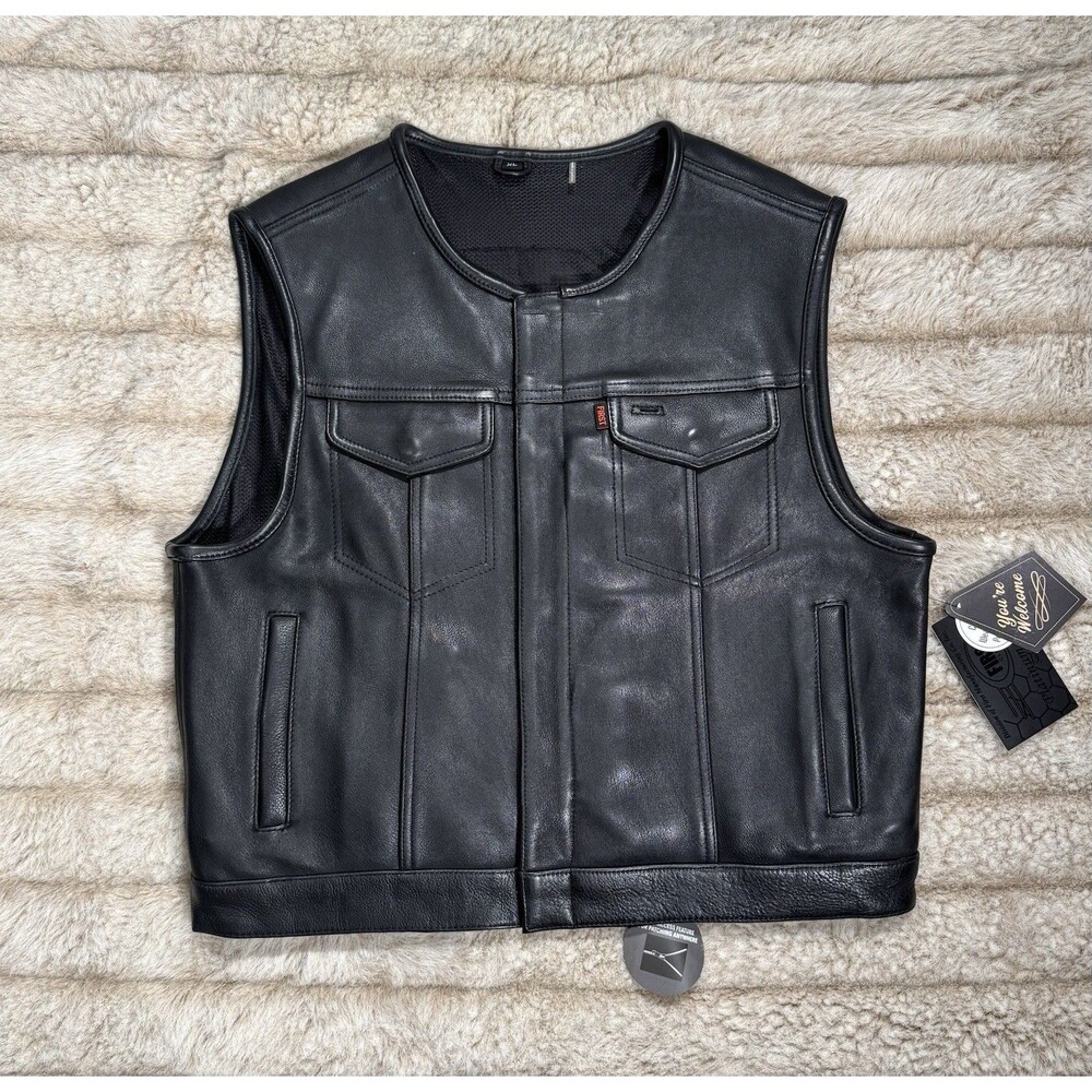 First Mfg Co Sharp Shooter Men's Motorcycle Leather Vest - Classic Black XL